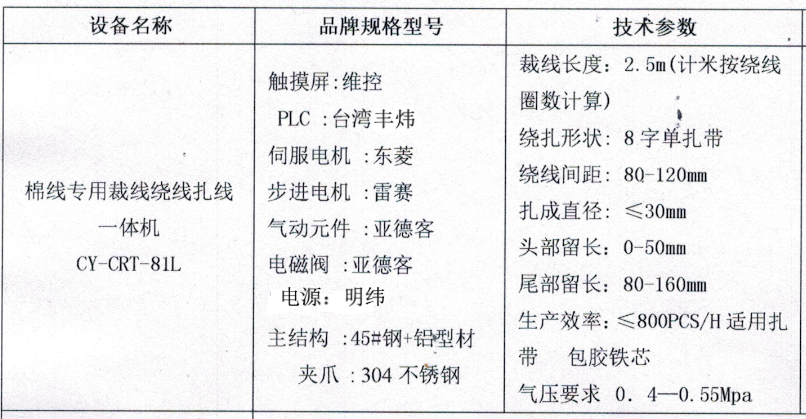 棉线裁绕扎一体机配置表